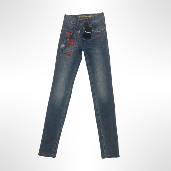 Desigual Blue Skinny Jeans with Red Floral Embroidery - Picture 1 of 4